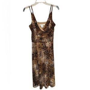 Evan-Picone Leopard Print Ruched Dress Sz 6 Y2K Mob Wife Babydoll Milkmaid